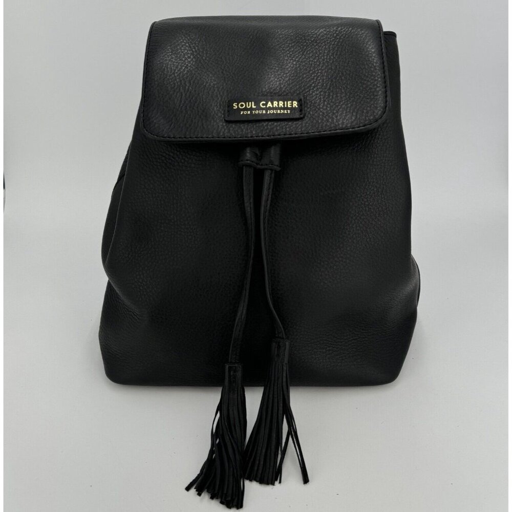 Soul Carrier Black Full-Grain Leather Backpack with Tassel Drawstring Closure